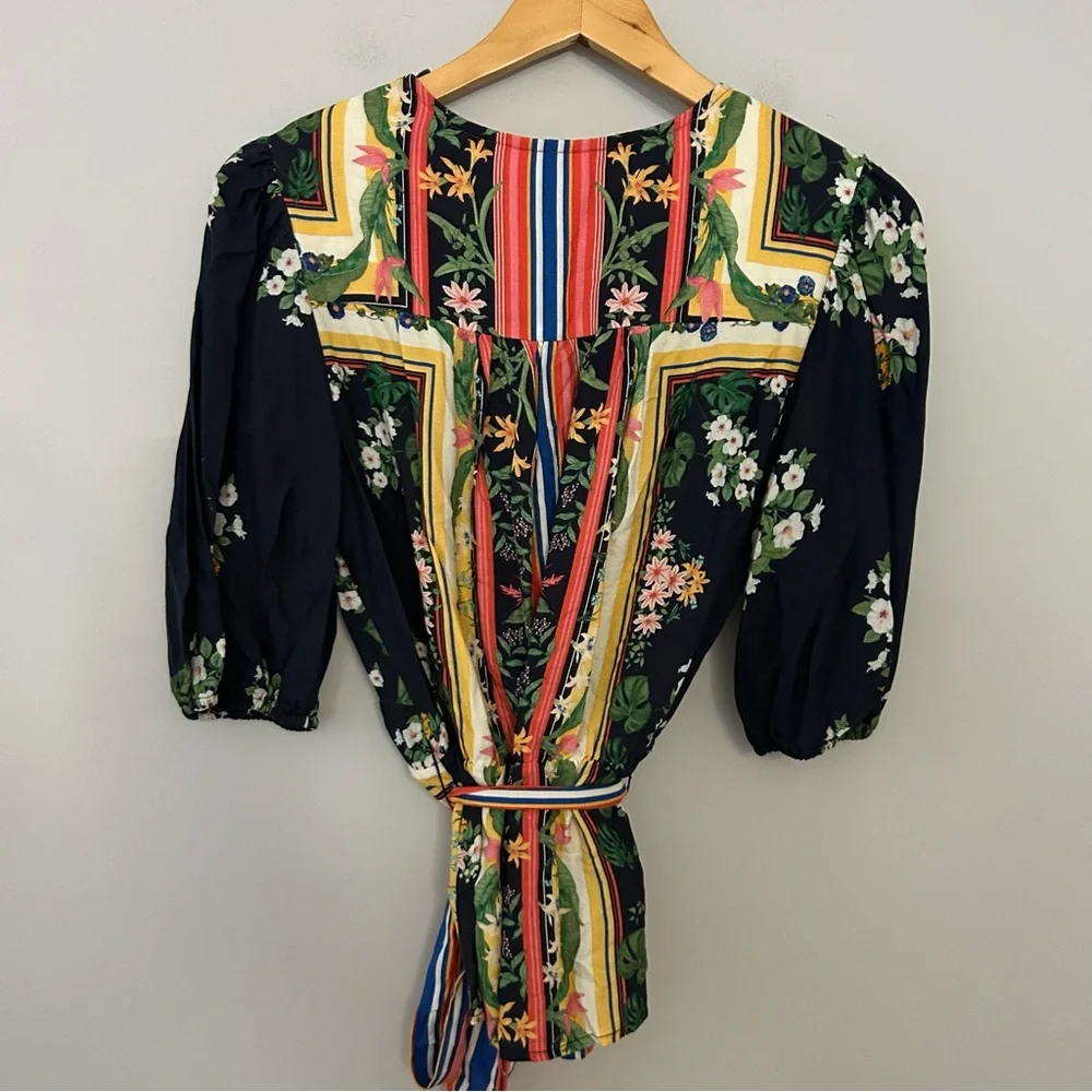 FARM Rio Navy Floral Wrap Blouse with Multicolor Stripe Sash